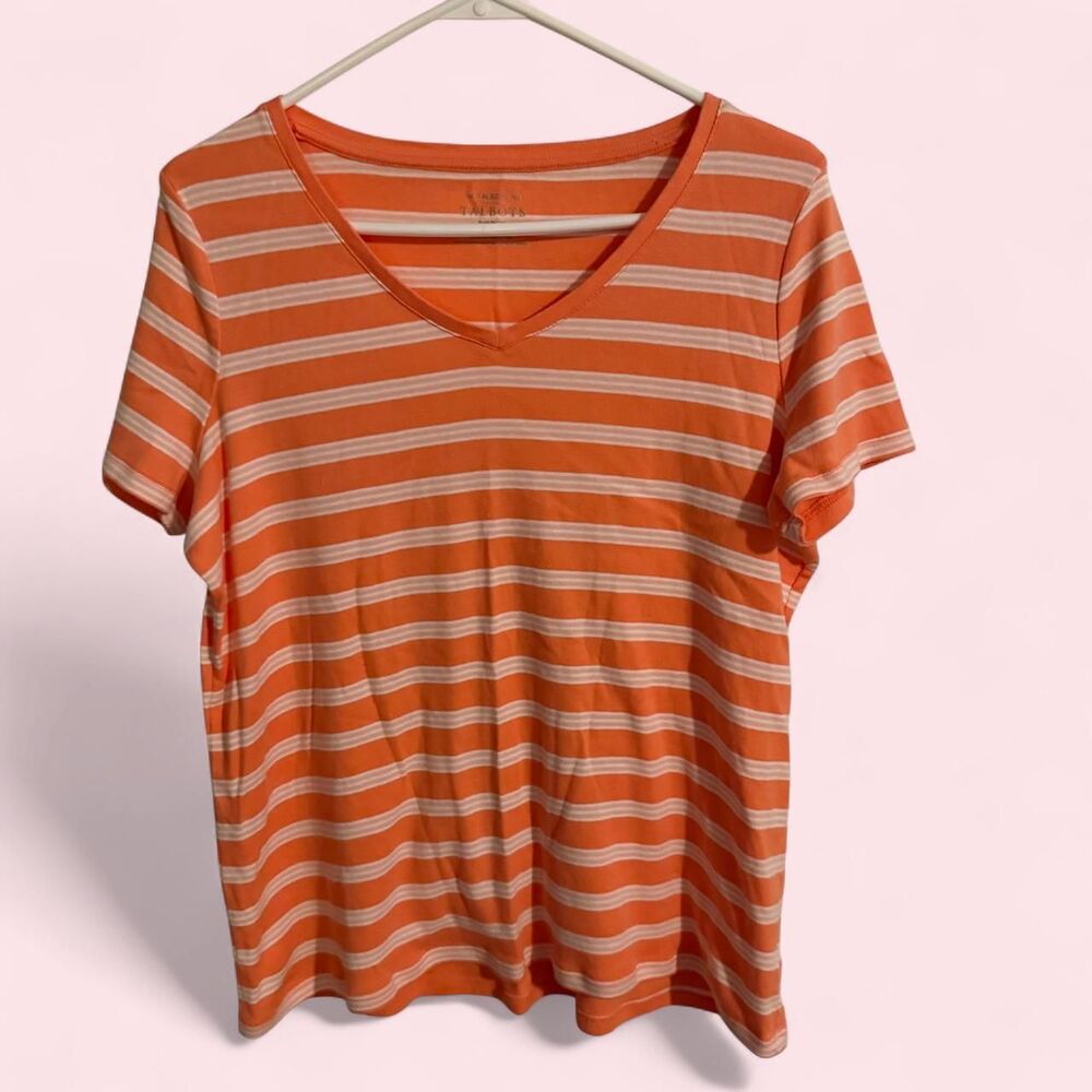Talbots shirt Women 1Xp orange striped casual short sleeve v-neck top